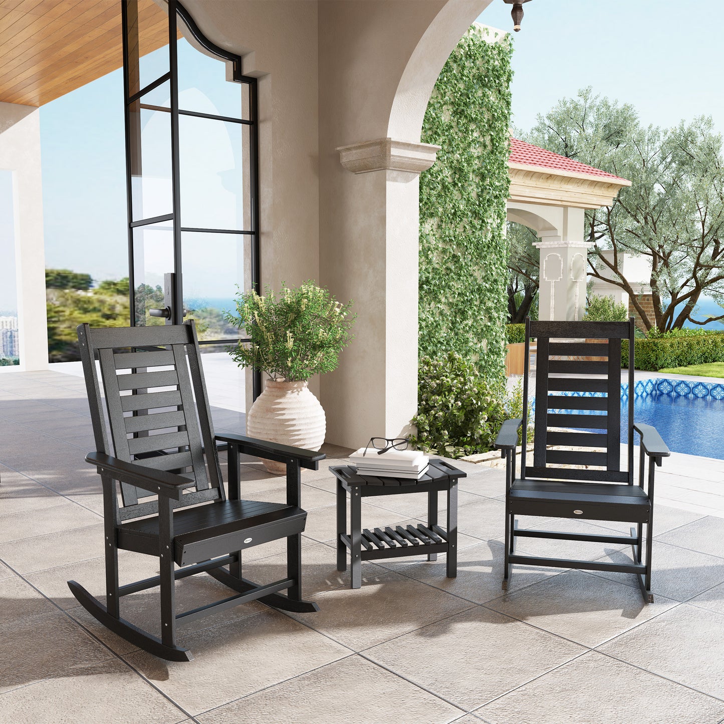 2-Piece Outdoor Rocking Chair Set - Black HDPE Rockers