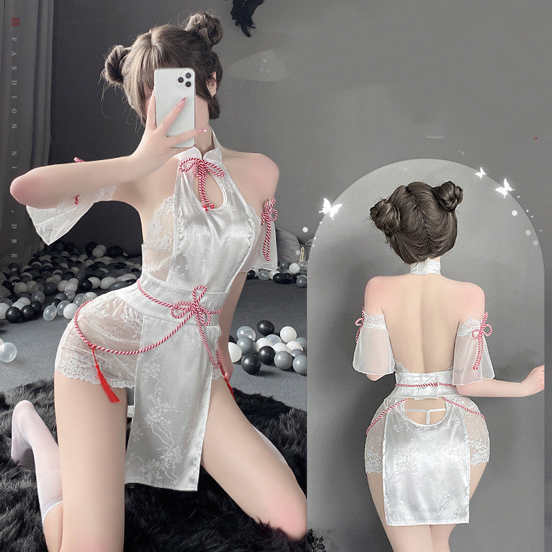 Women's Ancient Style Cheongsam Dress Set with Shorts - White, One Size