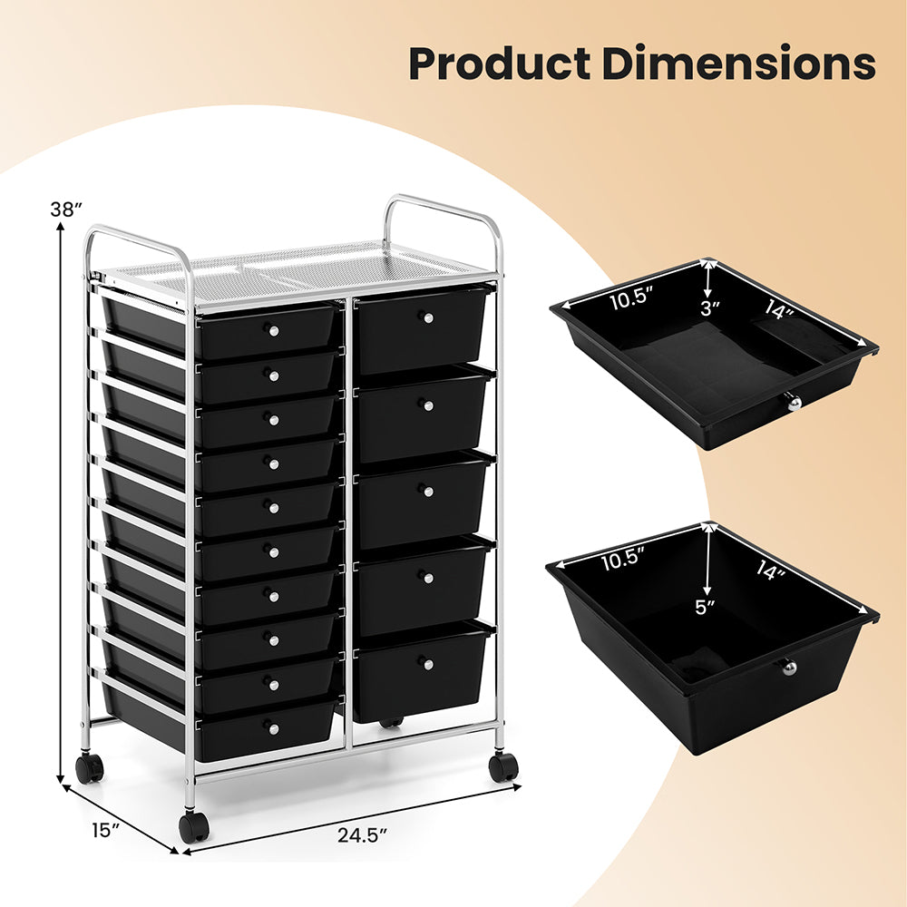 15-Drawer Rolling Storage Cart with Chrome Metal Frame