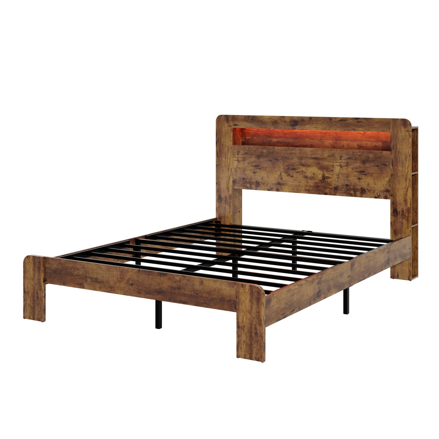 Queen Wood Bed Frame with LED Headboard, USB Ports & Storage