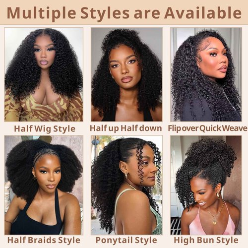 Rsshnlo Kinky Curly Half Wig Human Hair 200% Density 3 In 1 Glueless Wear and Go Kinky Curly Wig Human Hair Seamless Flip Over Wig Drawstring Headband Wig Beginner Friendly 18 Inch