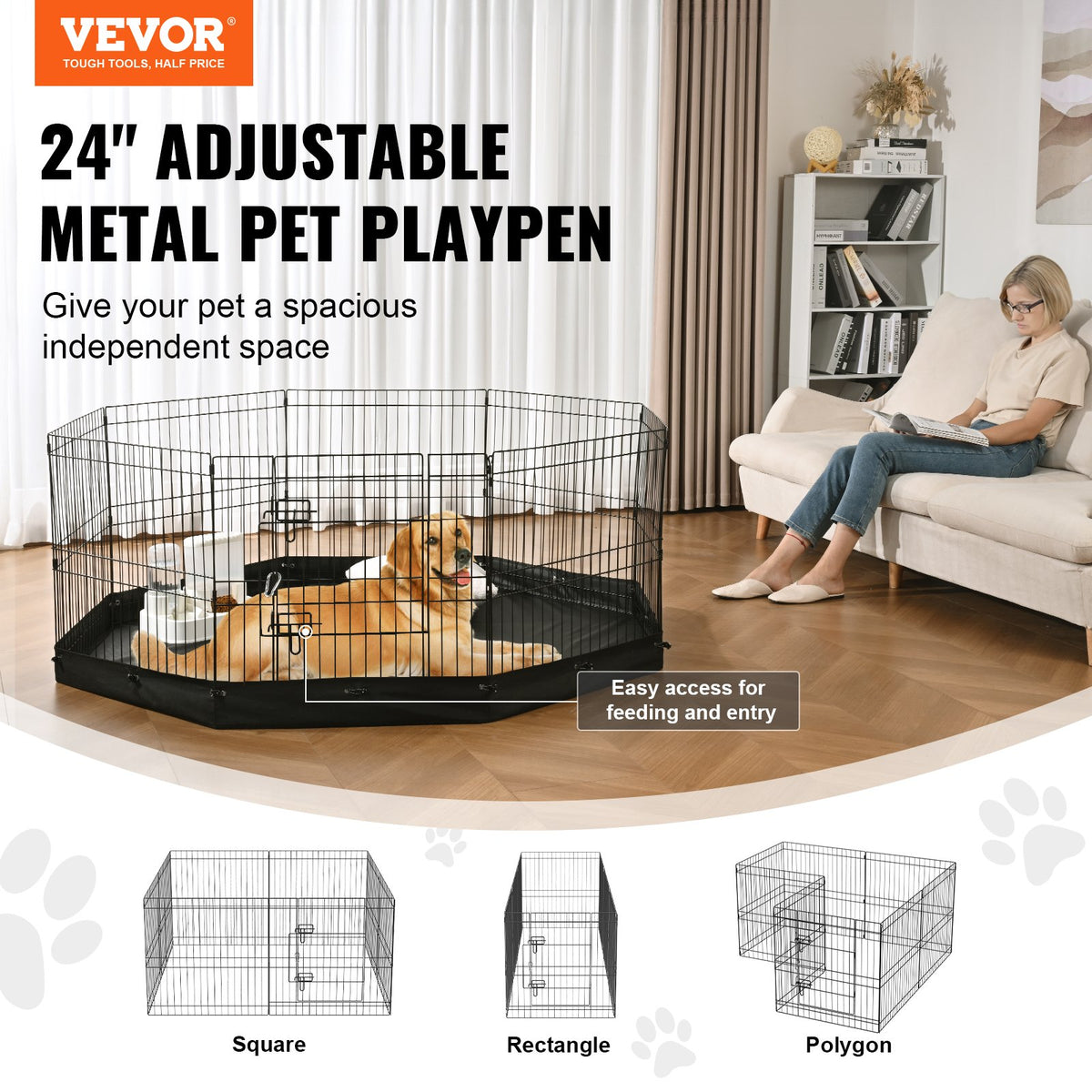 Foldable Metal Dog Playpen with Bottom Pad - 8 Panels Indoor Outdoor Pet Fence - Black
