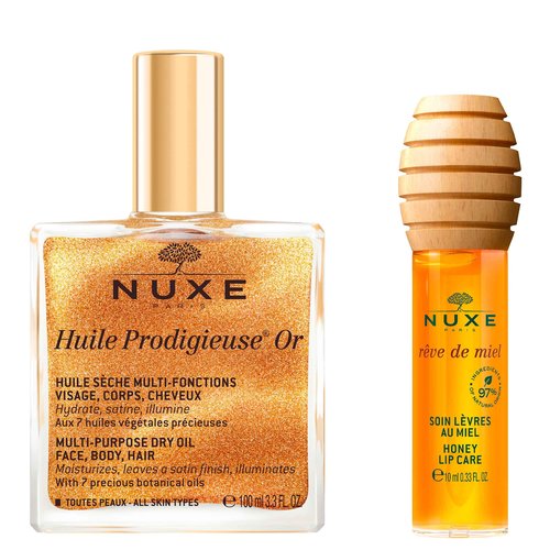 NUXE Huile Prodigieuse Shimmer Dry Oil (3.3 Fl Oz) & Rêve de Miel Honey Lip Gloss (0.33 Fl Oz) French Skincare Duo for Glowing Skin & Lips