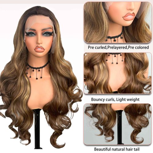 Honey Brown Body Wave Synthetic Wig 26 Inch Lace Front Ombre Brown balayage Wig Pre Plucked Pre Cut 13 * 4 HD Lace Heat Resistant Synthetic Highlights Wig for Women