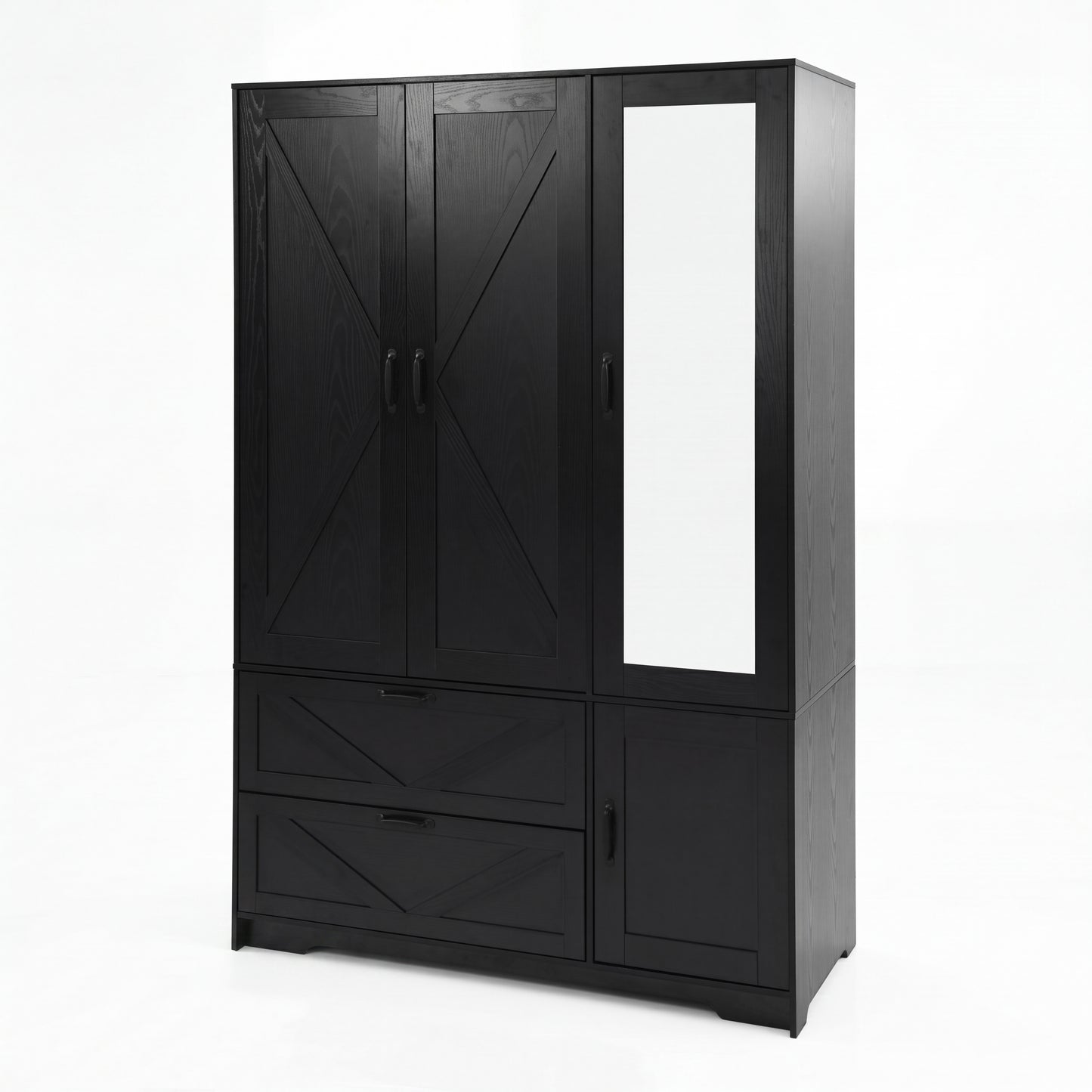 Black 4-Door Wardrobe Closet with Mirror & LED Lighting