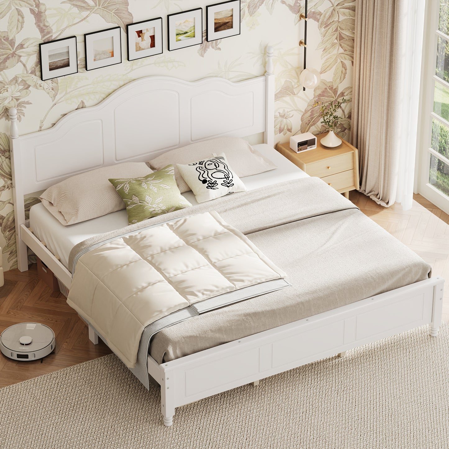 King Size Platform Bed Frame With Retro Wave Headboard, Wooden Slat