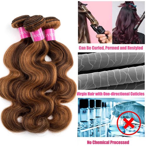 Lovenea Highlight Body Wave Human Hair Bundles Brazilian Body Wave 3 Bundles 12+14+16 inch 10a 100% Brazilian Virgin Human Hair Bundles Piano Color 4/27 (12 14 16, P4/27)