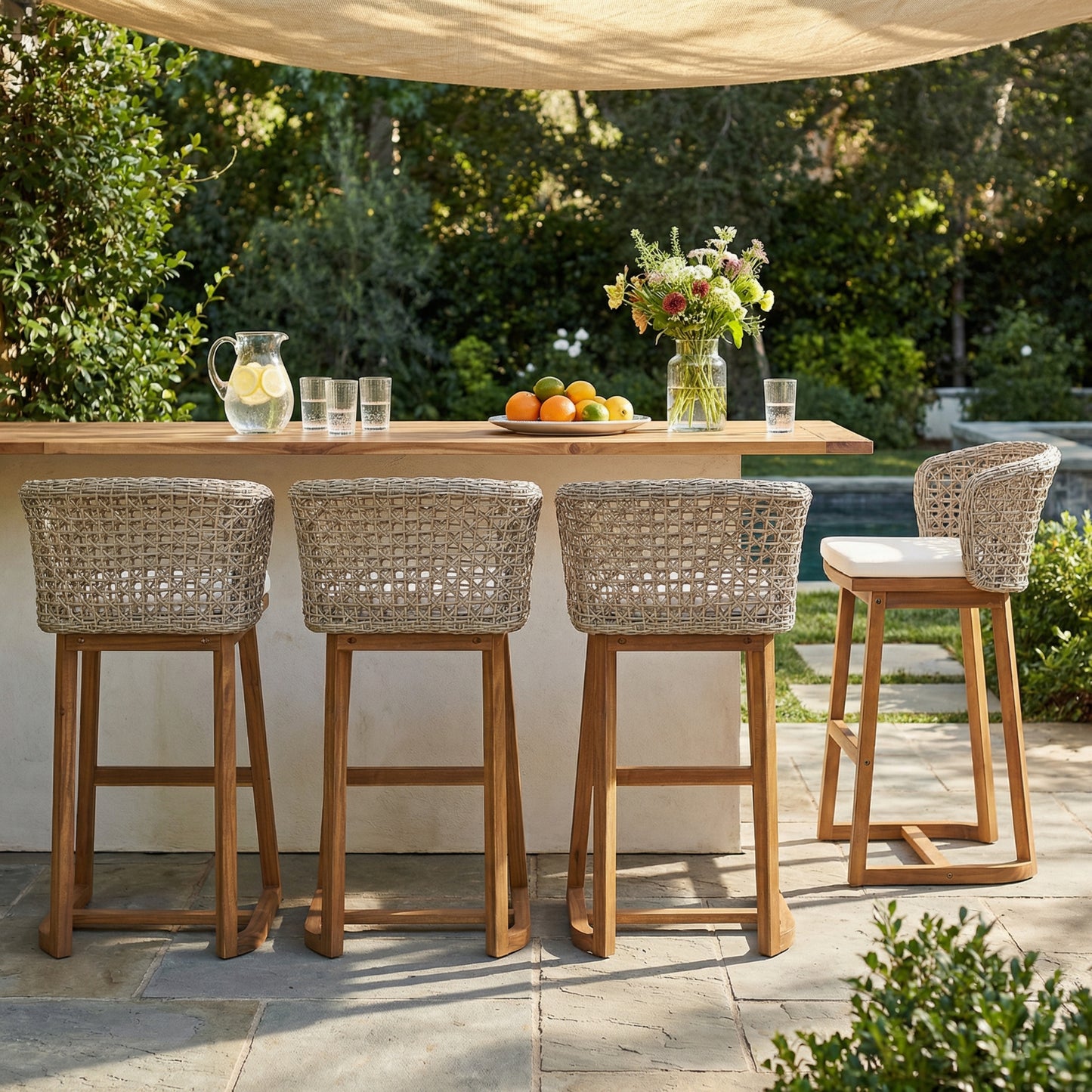 Outdoor Acacia Wood Bar Stools Set of 4 with Cushions & Wicker Back