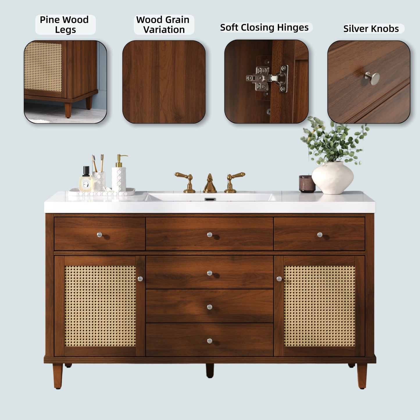 60" Bathroom Vanity with SMC Sink & Rattan Doors - Brown