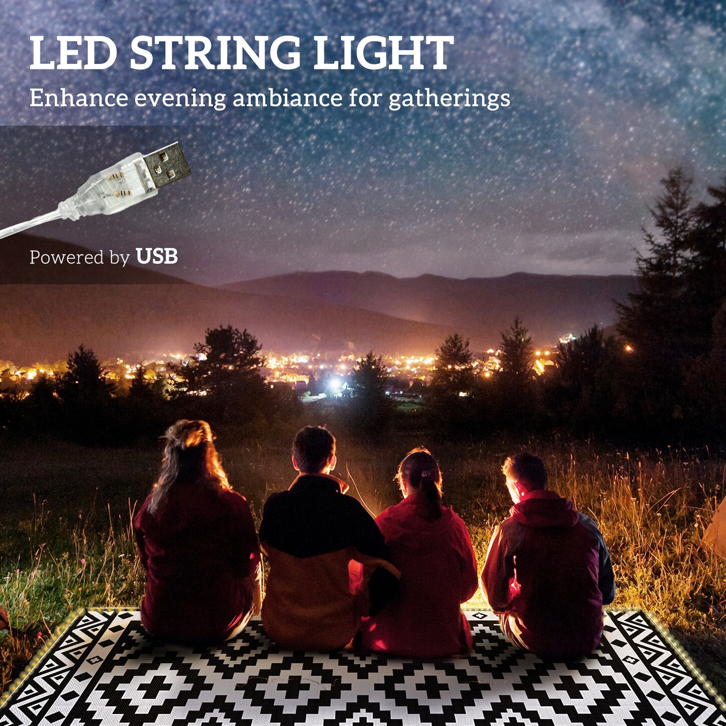Reversible Outdoor Rug with LED Lights - Black & White 12x9