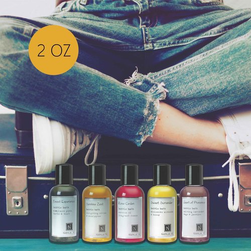 Assorted Travel Size Bubble Bath Collection (Set of 5) by Nabila K - Forest Experience, Sunshine Zest, Rose Garden, Sweet Surrender, Heart of Provence - Essential Oils with Natural Ingredients - 2 oz