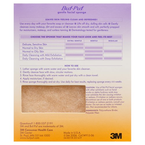 Buf-Puf Gentle Facial Sponge, Dermatologist Developed, Removes Deep Down Dirt & Makeup That Causes Breakouts and Blackheads, Reusable, Exfoliating, 12 Count