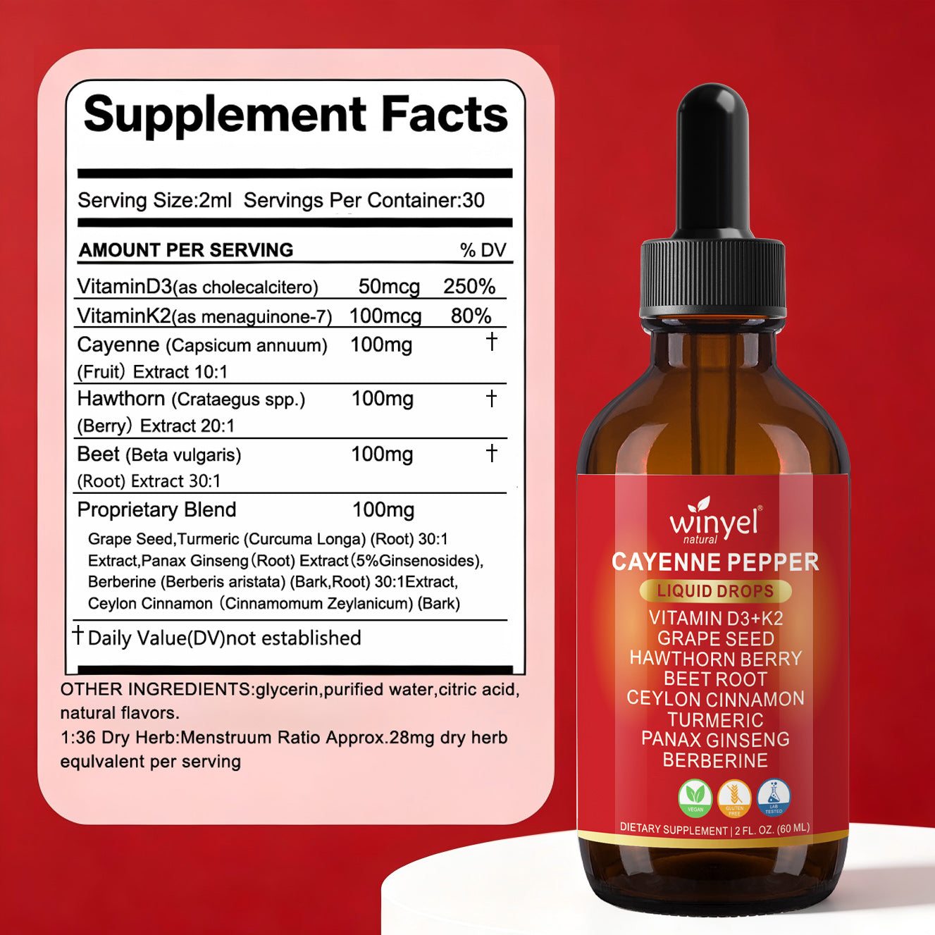 7-in-1 Herbal Liquid Drops - Cayenne, Beet Root, Turmeric & Berberine - 60ml