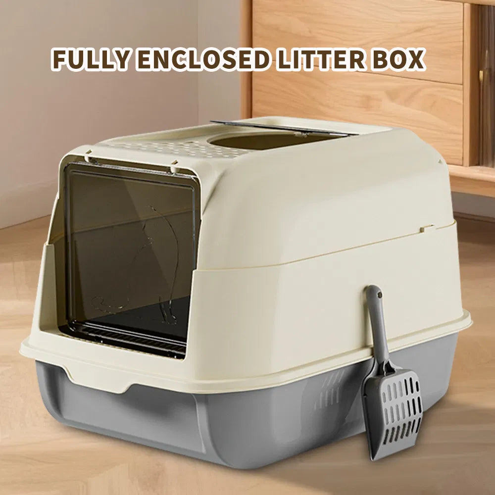 Extra Large Dual-Entry Cat Litter Box with Odor Control & Easy Clean Gray