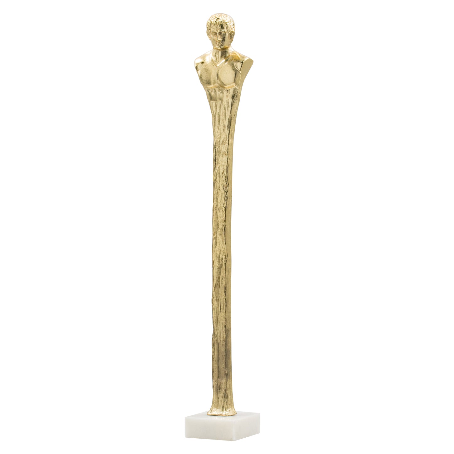 5.5x5.5x32 Elongated Gold Roman Statue On White Marble Base