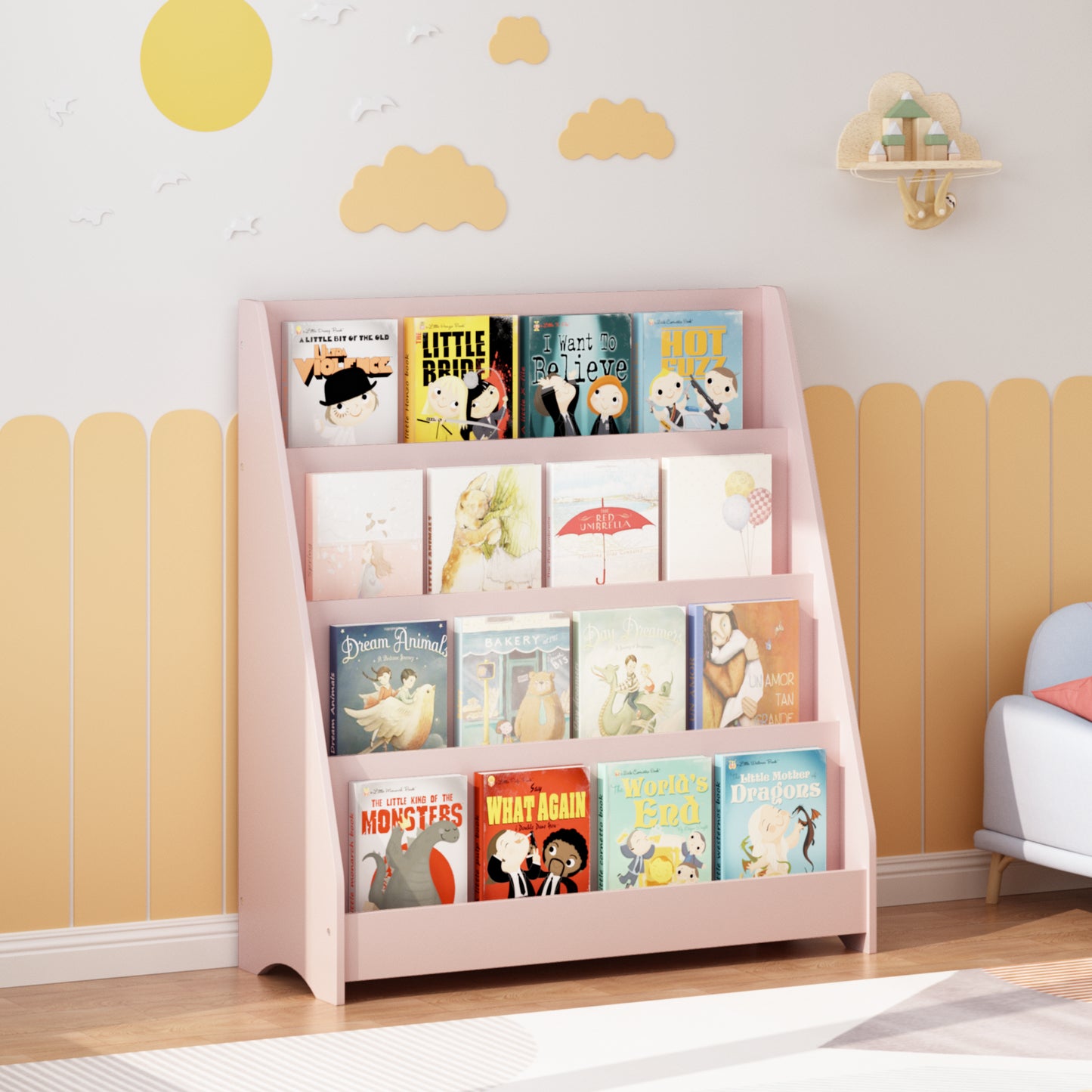 4-Tier Kids Bookshelf - Pink MDF Book Display Shelf