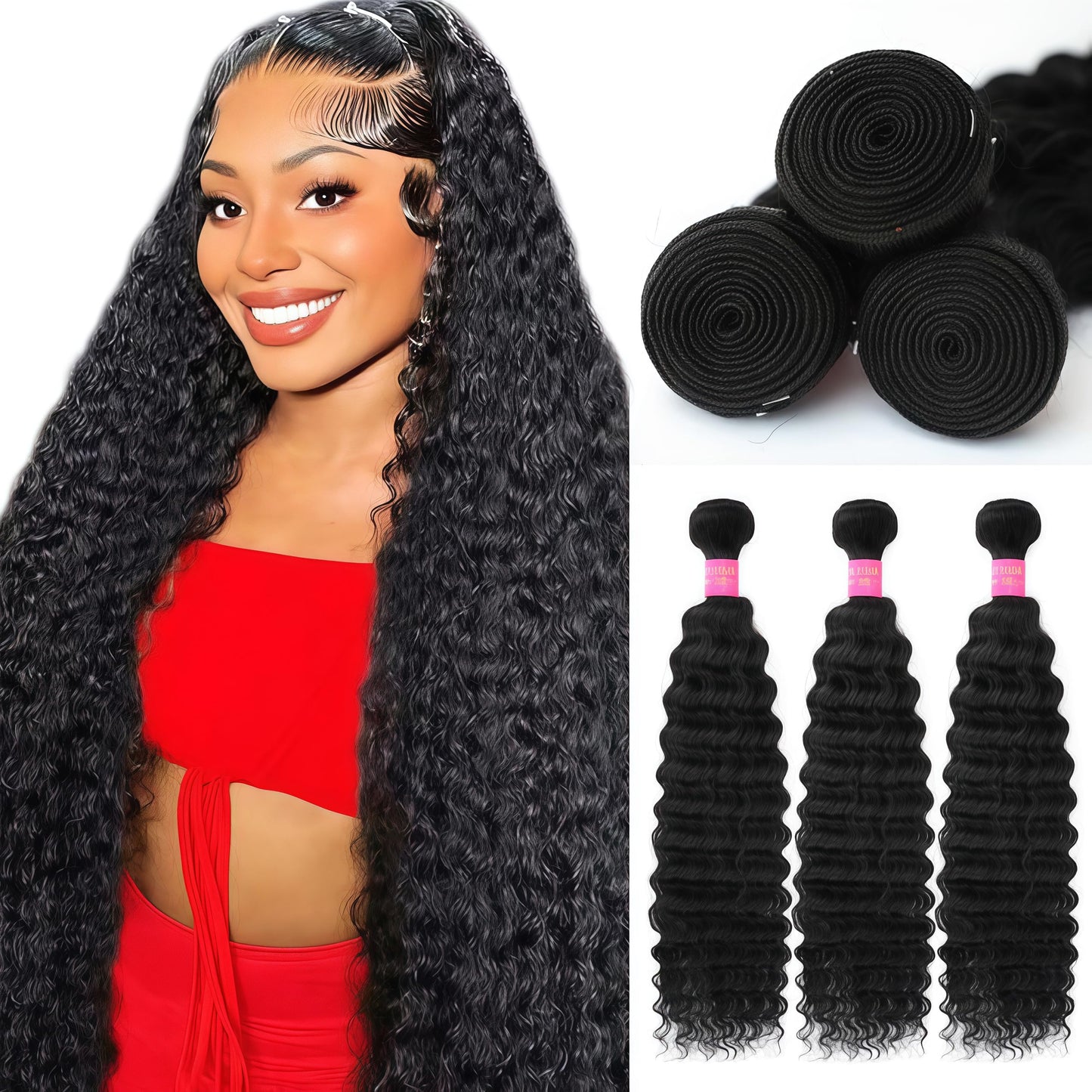12A Deep Wave Human Hair Bundles 22 24 26 Inch 100% Unprocessed Brazilian Virgin Hair Deep Curly Weave Human Hair 3 Bundles Real Human hair Deep Wave Bundles for Women Natural Black