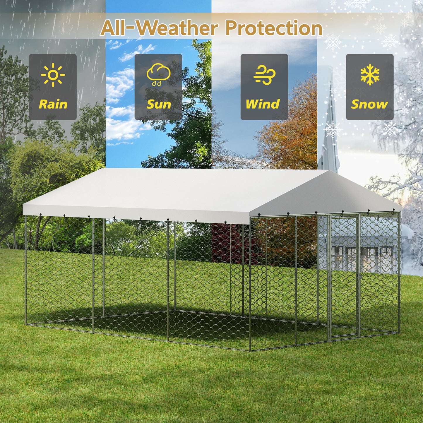 Large Outdoor Dog Kennel with Canopy - Heavy Duty Galvanized Steel Frame, Waterproof Cover, Escape-Proof Locking Pet Pen for Large Dogs