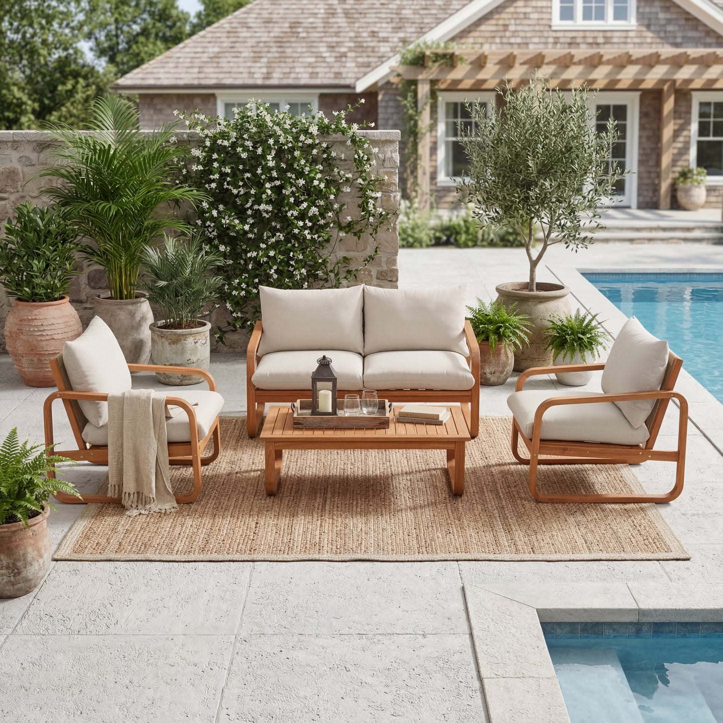 4-Piece Acacia Wood Outdoor Patio Furniture Set with Cushions