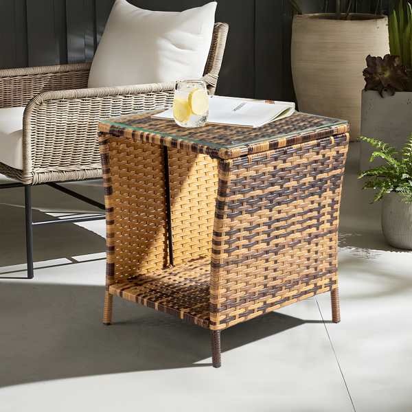 Glass Surface Yellow Gradient Rattan Side Table - Modern Home Decor