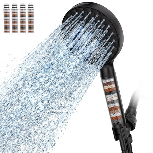 Filtered Shower Head with Handheld, High Pressure 9 Spray Mode Matte Black Showerhead with 4 Filters, Detachable Shower Head, Water Softener Filters Beads for Hard Water - Remove Chlorine