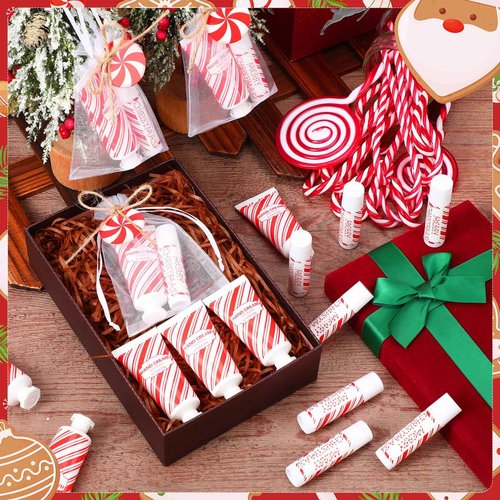Heigble 144 Pcs Christmas Candy Cane Lip Balm Hand Cream Set Party Favors Including 36 Lip Balm 36 Moisturizing Hand Cream 36 Bags 36 Cards and Ropes for Xmas Accessories Gifts