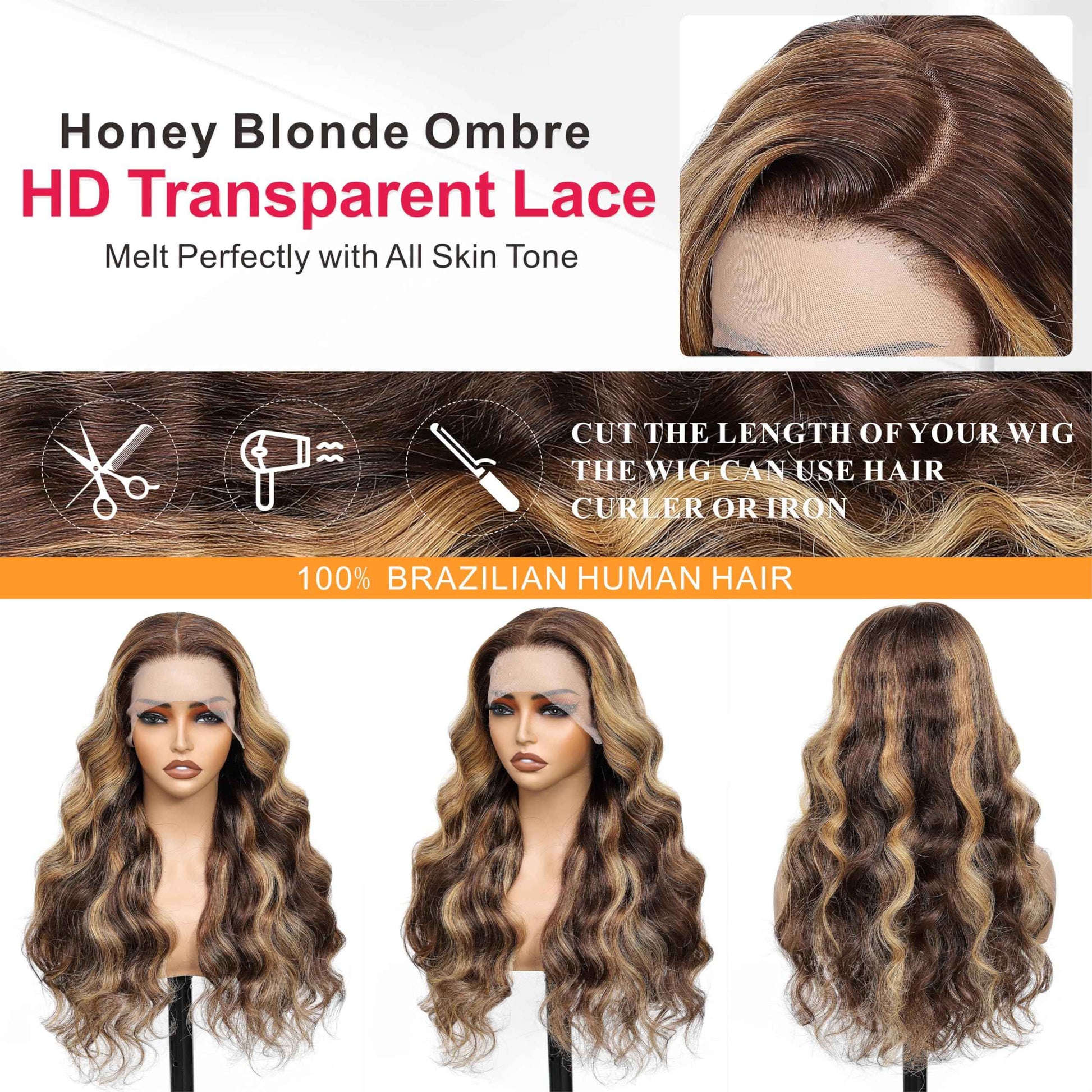 MARUOL Honey Blonde Ombre 13x6 Lace Front Wigs Human Hair 200% Density Highlight Body Wave HD Lace Front Wigs Pre Plucked Glueless P4/27 Colored Wig for Women Average Cap Tangle Free 22in