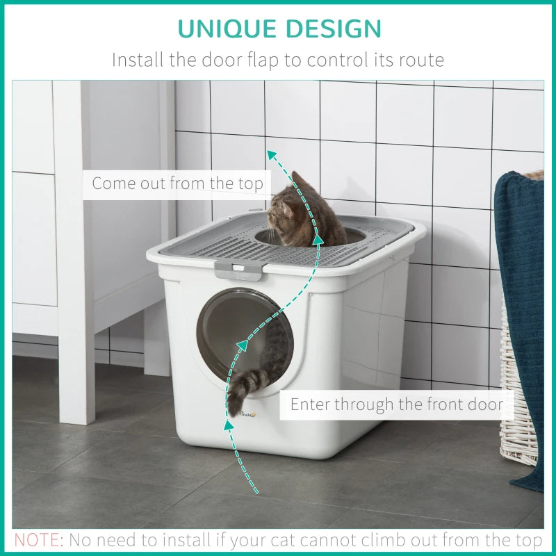 Covered Cat Litter Box with Front Entrance and Top Exit - Odor Control, Scoop, White