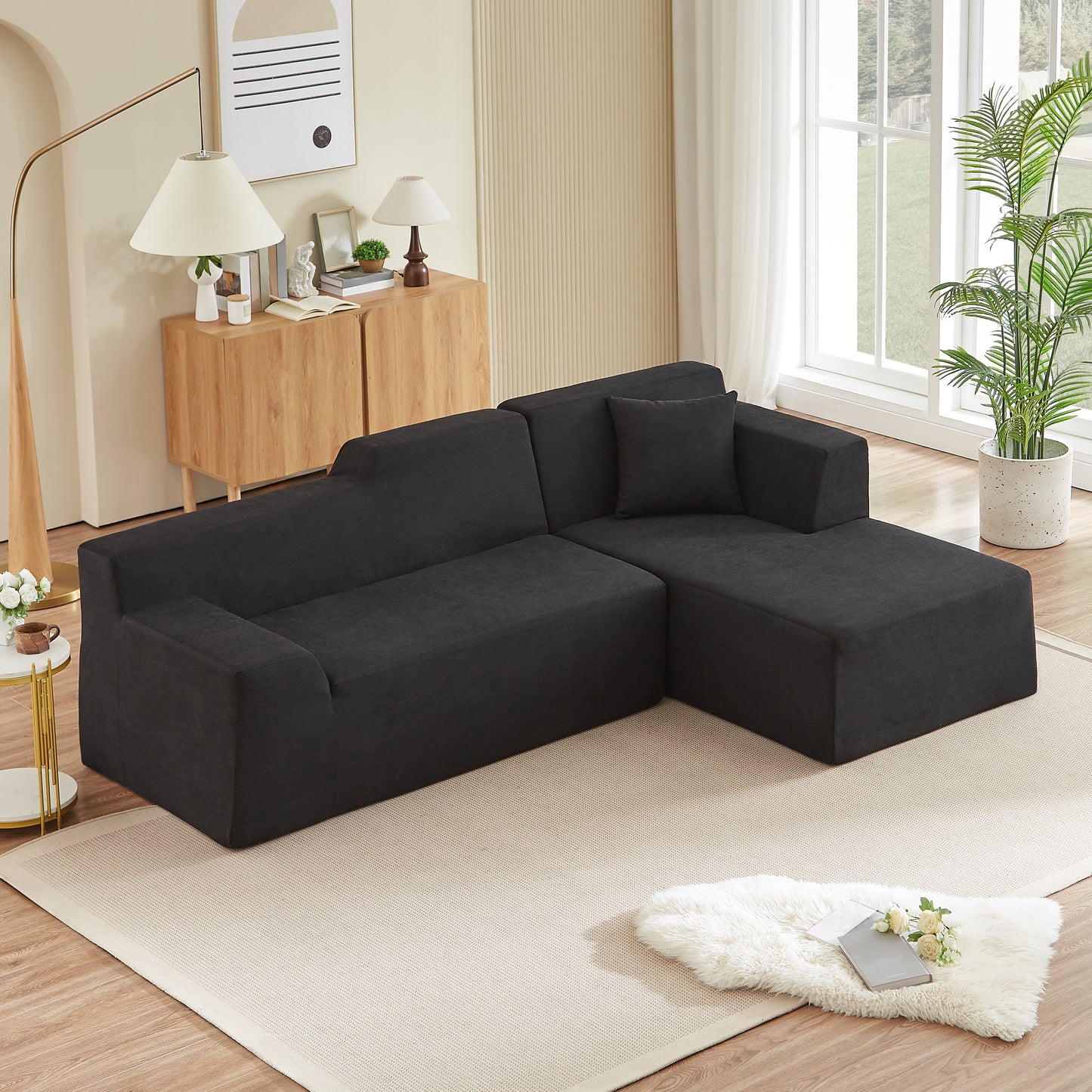 L-Shaped Modern Minimalist Corduroy Sofa - Black