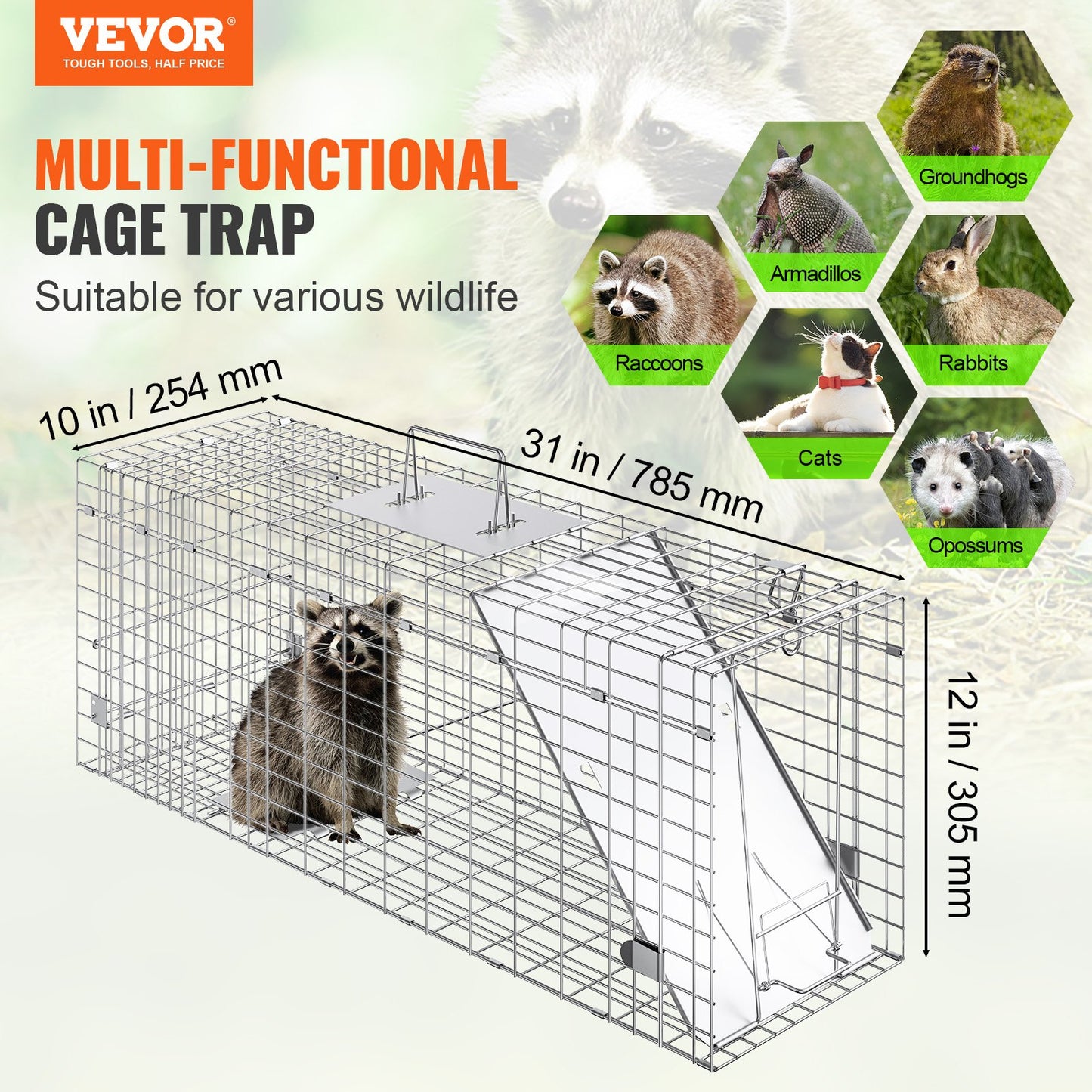Humane Animal Cage Trap 31x10x12 Inches for Cats Raccoons Rabbits Squirrels