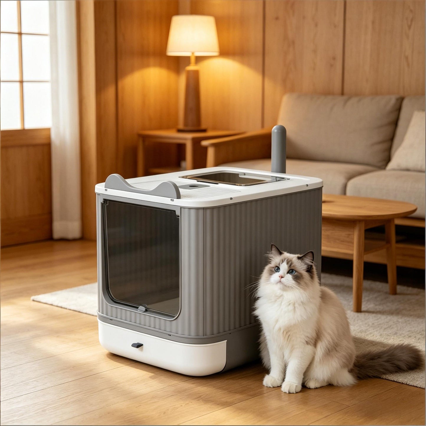 Enclosed Cat Litter Box with Slide-Out Tray - Black & Gray