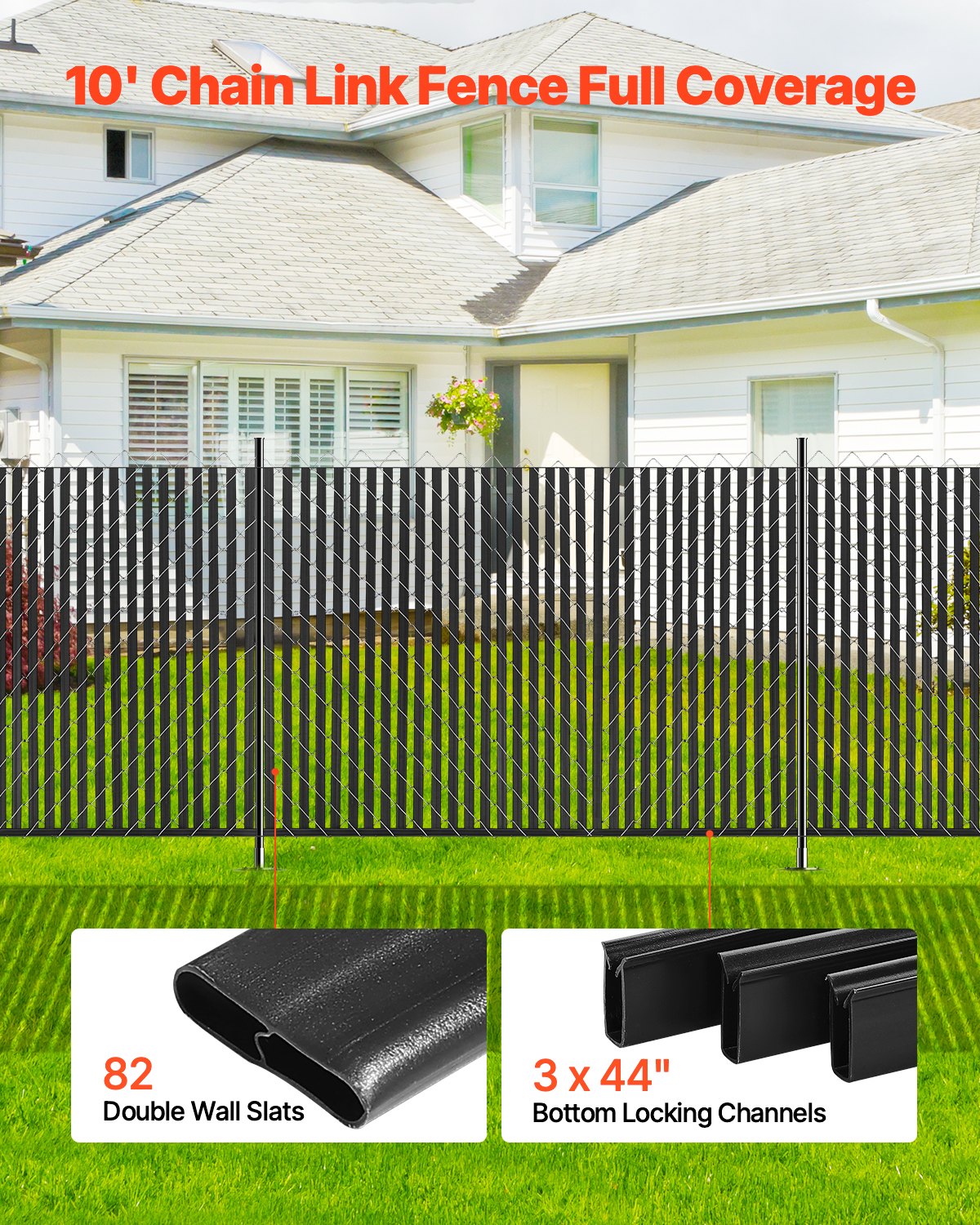 Black Chain Link Fence Privacy Slats for 6Ft High Fences Locking Bottom