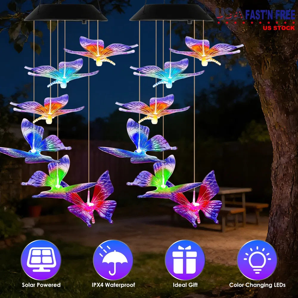 Solar Butterfly Wind Chime with Color-Changing LED Lights - 1 or 2 Pcs