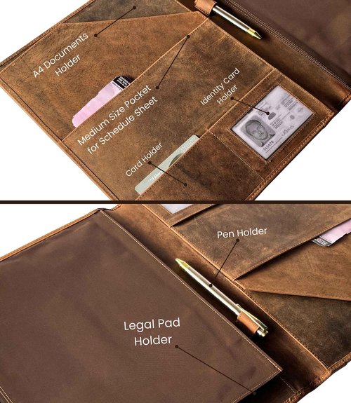 Leather Business Portfolio by Rustic Town | A4 Conference Folder Gift for Men & Women | Handmade Durable Leather Padfolio 3 + 1 Sleeves for Documents and Notepad