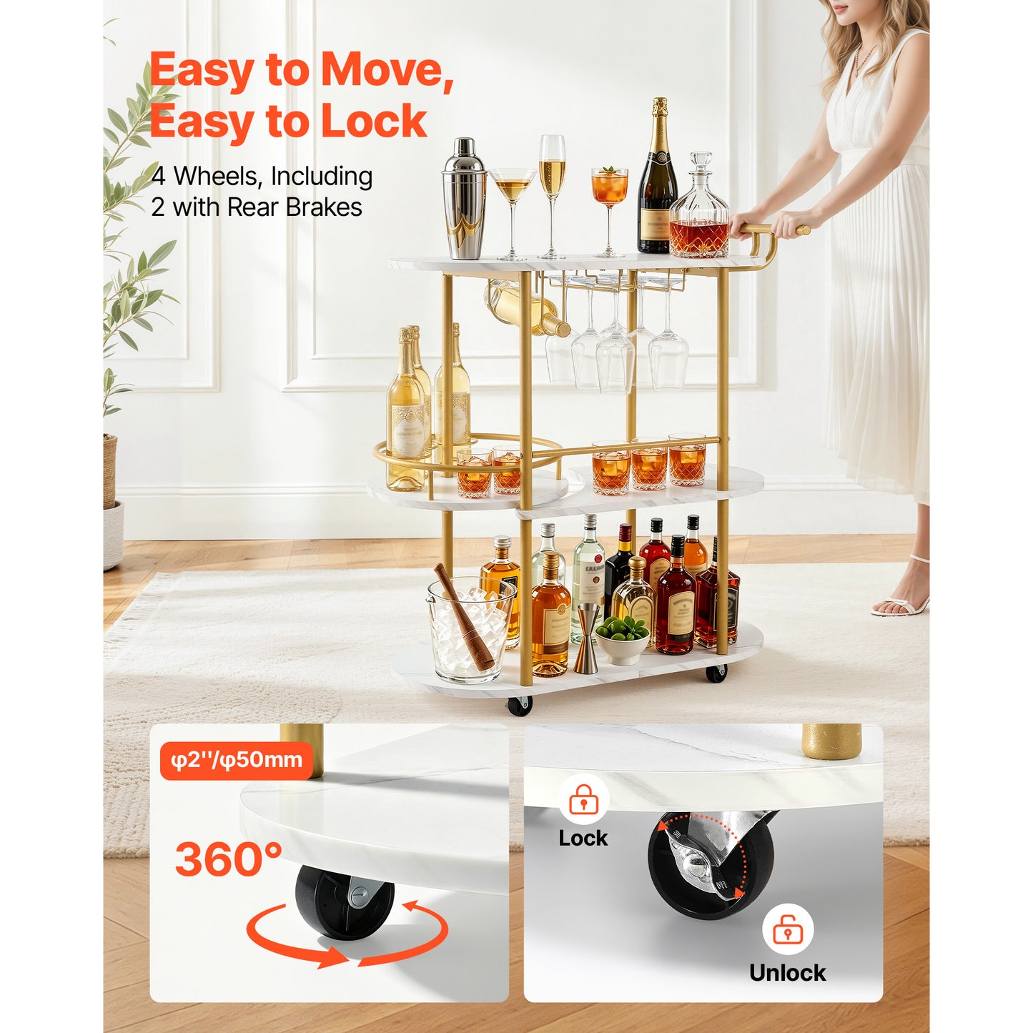 Bar Cart with 3 Tiers, Wooden Shelf, Wine Rack & Glass Holder - Gold Rolling Serving Trolley