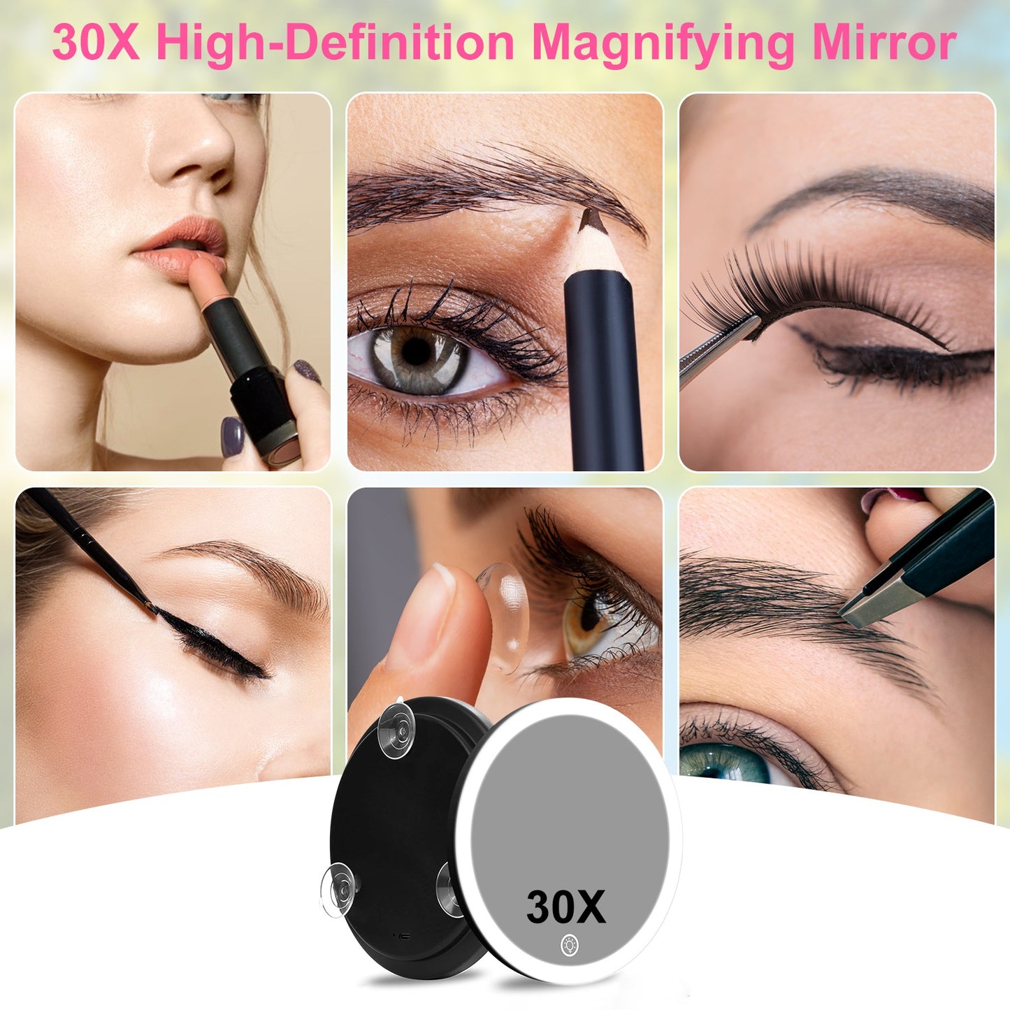 30X Magnifying Makeup Mirror with LED Light, Dimmable & 360° Adjustable Stand
