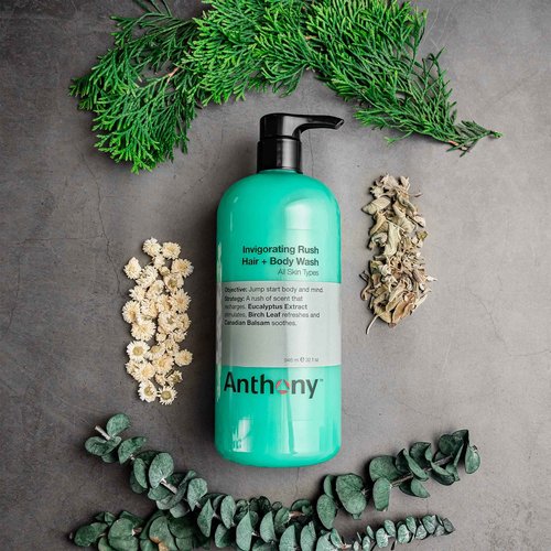 Anthony Mens Body Wash and Shampoo: Invigorating Rush 2-In-1 Liquid Gel Soap & Hair Shampoo, Pine Wood Scent, Hydrating with Eucalyptus, Canadian Balsam, Birch Leaf, Charcoal, Sea Kelp, 32 Fl. Oz