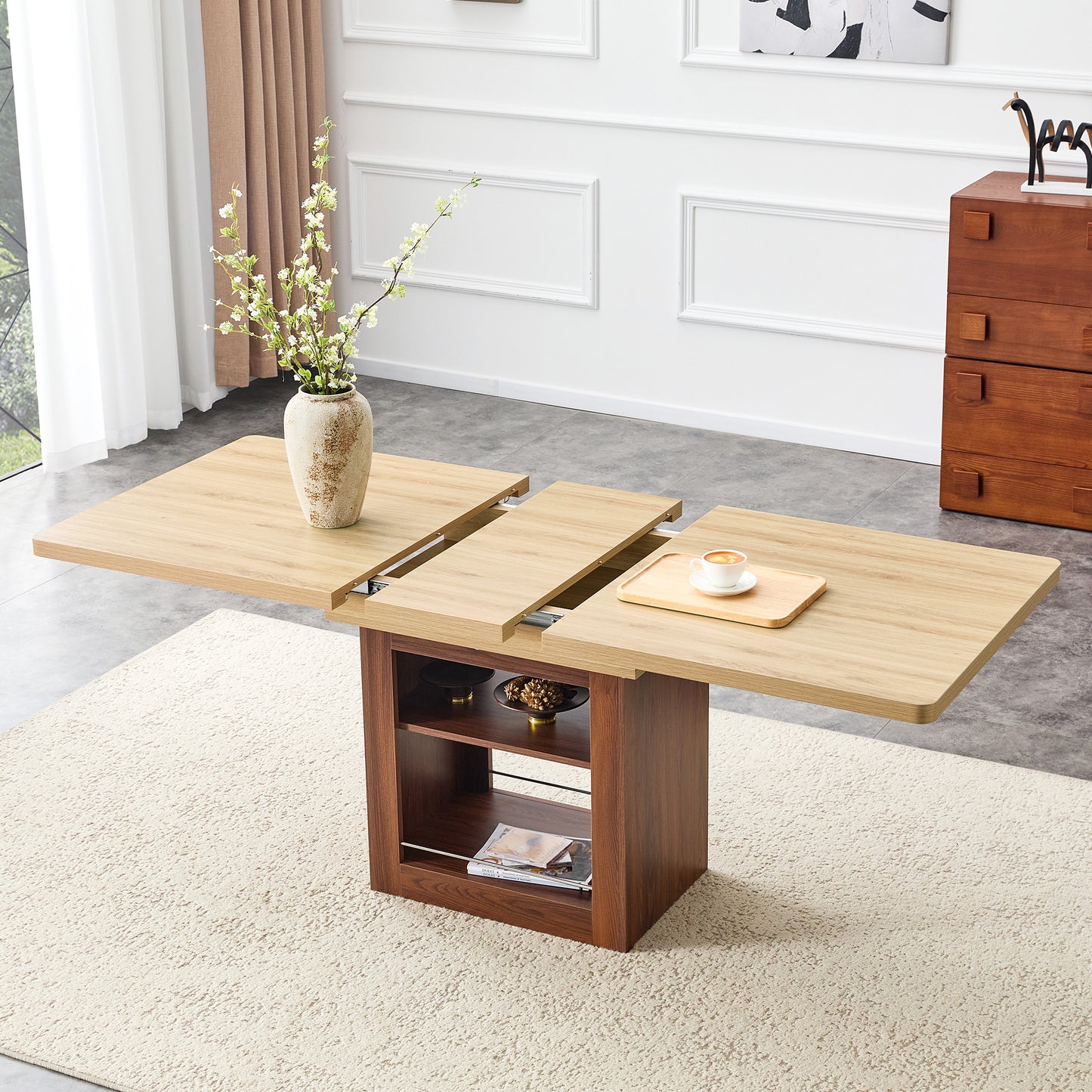 An Expandable Dining Table With Storage Space, A 59 Inch To 71