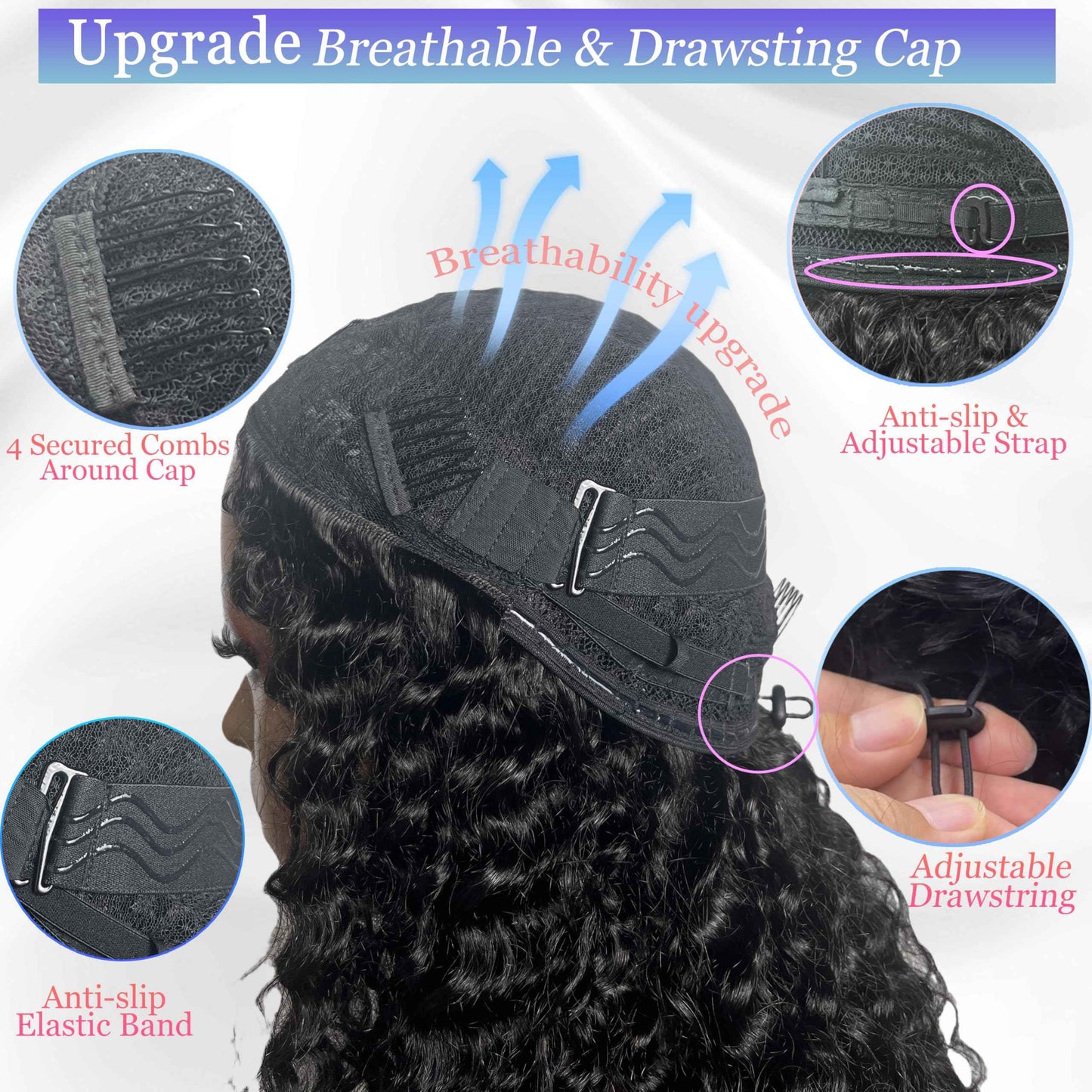 Glimeer Half Wig Human Hair Deep Wave 3 In 1 Drawstring Seamless Filp Over Curly Half Wig 200% Density Wear and Go Glueless Half Wigs for Black Women Natural Color 20 Inch