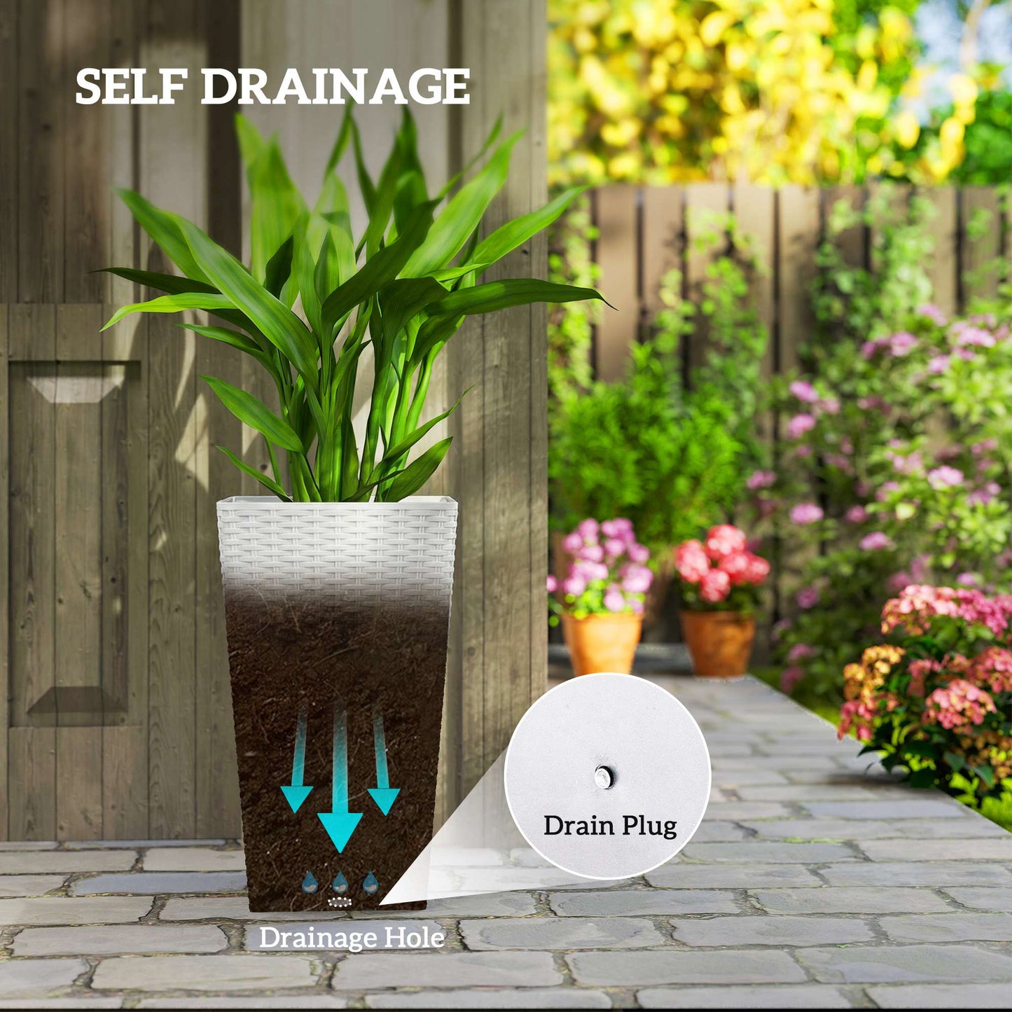 Outdoor Tall Plant Planters Set of 3 White Rattan Style Garden Pots with Drainage Holes