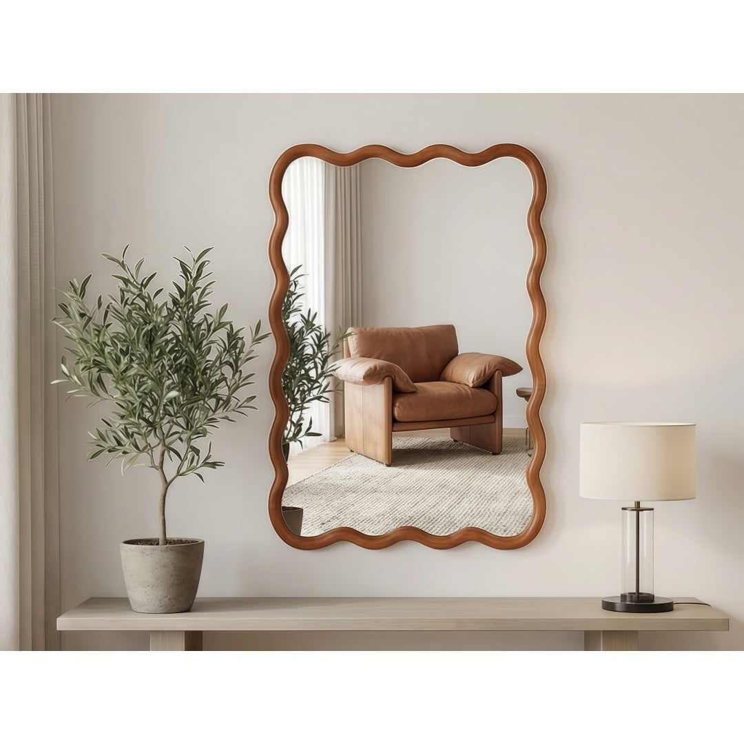 Wavy Rectangle Solid Wood Frame Decorative Mirror - Yellowish Brown 20x30