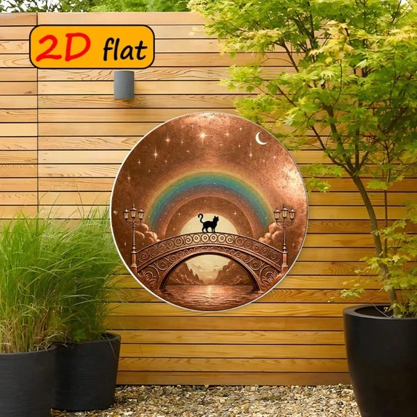 Cat Metal Wall Art Sign - Black Cat on Arch Bridge with Rainbow Sky