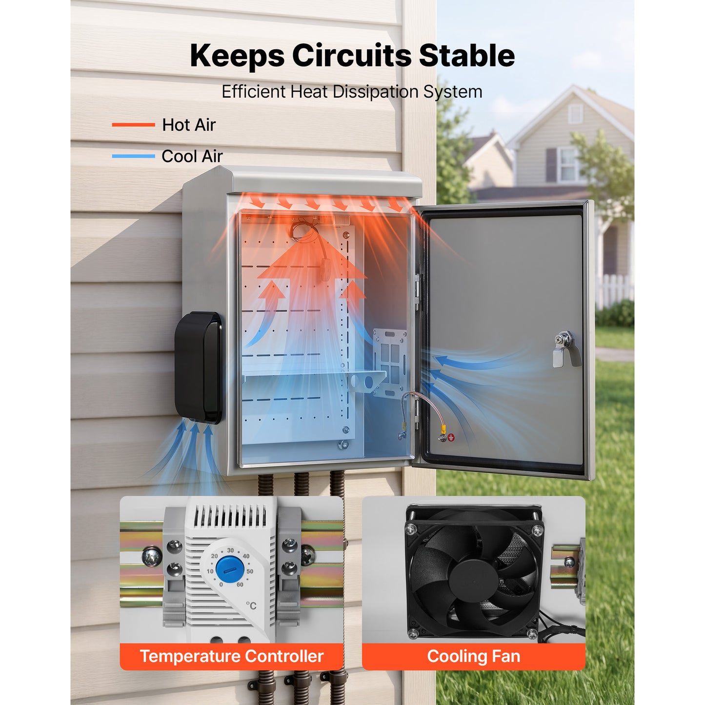 Outdoor Electrical Box 20x16x8 Inch Stainless Steel Ventilated Enclosure with Thermostat Fan Rain Hood