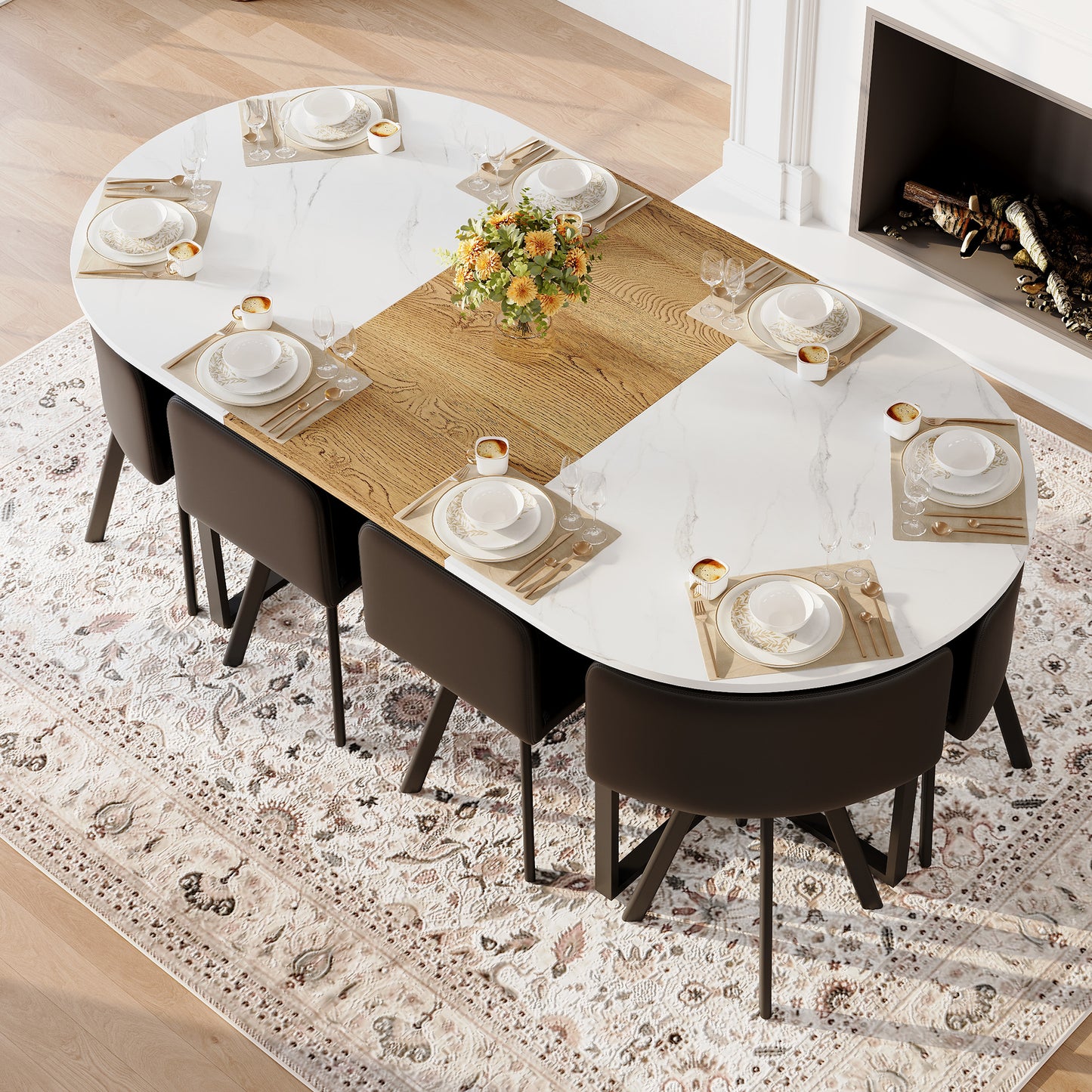 9-Piece Oval Dining Table Set, Fixed White Faux Marble & Wood Grain
