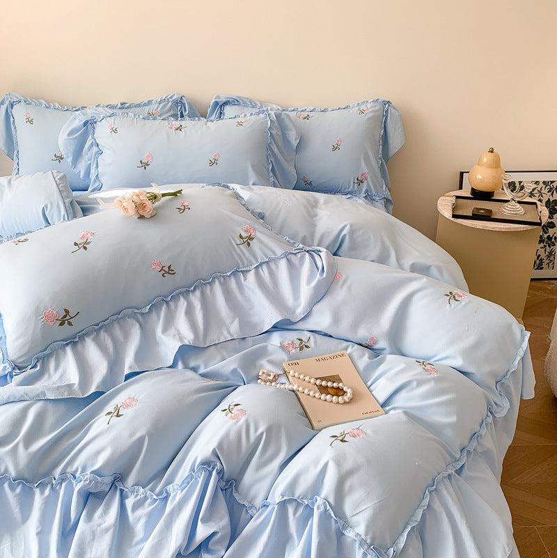 Embroidery Bedding Set with Washed Cotton and Brushed Hair - Four Piece Bed Linen