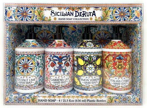 Sicilian Deruta | Hand Soap Collection 4 x 21.5 fl.oz Plastic Bottles Italian Citrus Lemon Verbena Gardenia Lily Coconut Lime 86 Fl Oz