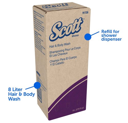 Scott Essential Hair & Body Wash (91726), Protein-Enriched Golden Gel, Clean Rinsing, 8.0 L, 2 Packages / Case