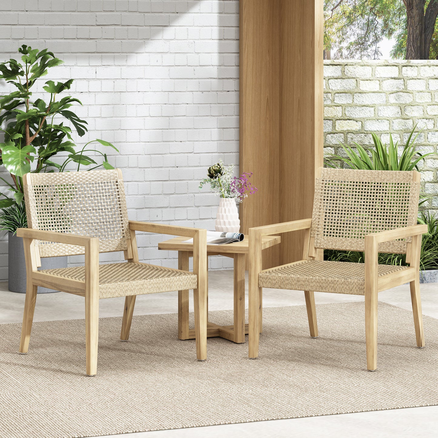 Outdoor Wicker And Acacia Wood Club Chairs, Set Of 2, Light