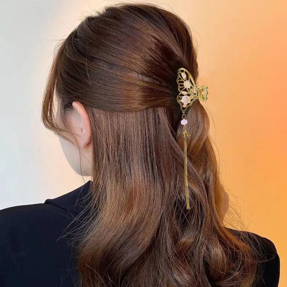 Gold Butterfly Hair Clip - Retro Elegant Fairy Small Tassel Shark Hair Accessory