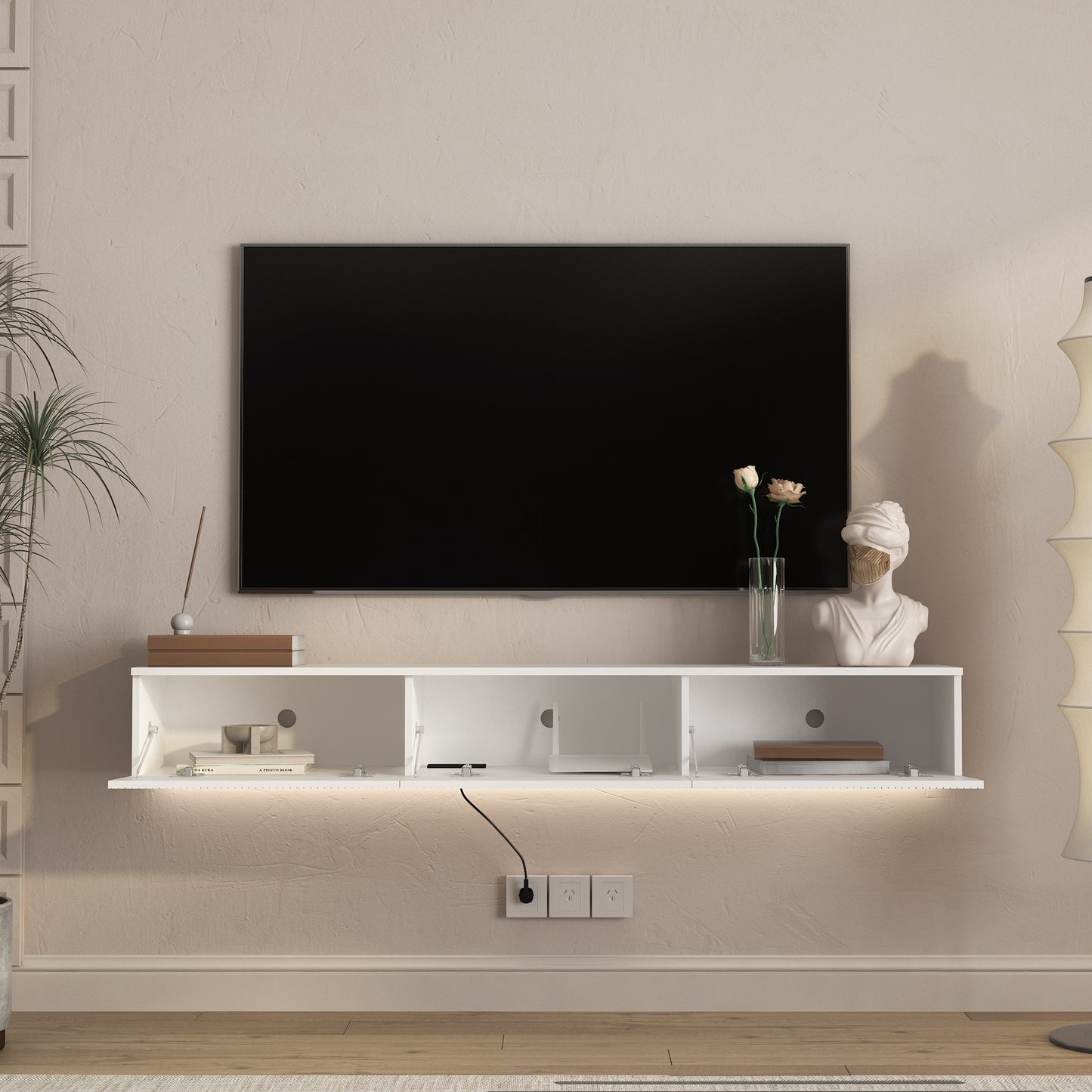 Wall Mounted Floating TV Stand with 16 Color LEDs - White